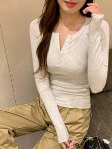 Women's Shoulder Button Closure Fitted Turtleneck Long Sleeve T-Shirt, Minimalist Design - Grey - View 4