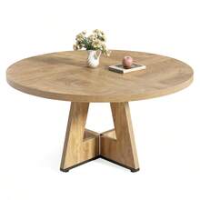 LITTLE TREE Round Dining Table Kitchen Table, 120 Cm Dining Room Tables For 4 People, Farmhouse Dinner Table With Wooden Table Top And Legs (Only Table) - 橡木色 - 查看 8