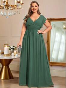 Plus Size Bridesmaid Dress Cap Sleeve Ruched V Neck Plain Backless High Waist Pleated Asymmetrical Skirt Chiffon Green Bridesmaid Dress For Wedding Party Dresses Mother Of Bride Dress For Wedding - Green - View 3