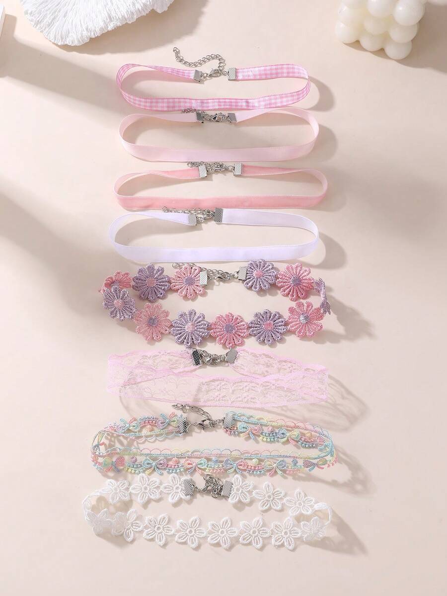 NAIZHU 8条彩色甜美花卉蕾丝颈链,女孩日常配饰,派对及节日场合皆宜 - 彩色 - 查看 1