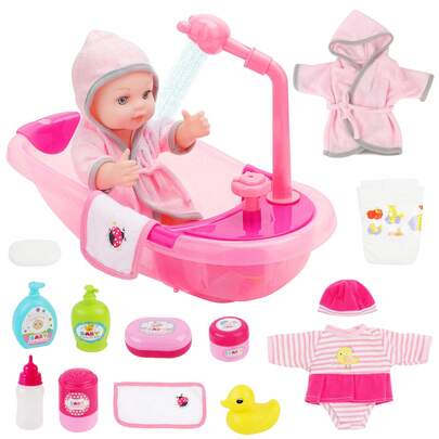 Baby Doll Toy Bath Doll Pretend Play Set With Bathrobe Bathtub