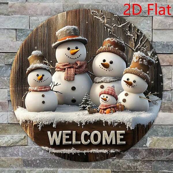 2D Flat, 1pc Vintage Metal Christmas Welcome Sign - 8" Round Snowman & Tree Design Metal Wall Hanging Decor For Front Door, Holiday Party Decoration, Farmhouse Porch Welcome Sign, Festive Home Decor, Christmas Decorations, Winter Wonderland Sign, Home Decor Item, Christmas Decoration, Apartment Decoration, Vintage, Wall Decor