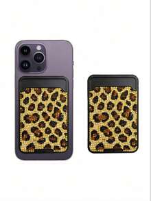 Stylish Luxury Leopard Print Sparkling Diamond Minimalist Universal Adhesive Phone Back Card Holder Bag, Phone Back Wallet Pocket,Compatible With Most Smartphones And Protective Cases,Sparkling Rhinestone Travel Accessories,Suitable For Men And Women, Couples, For Daily Use,Dating, Festival, Back To School, Summer, Vacation, Travel, Commuting,Birthday Gift, Holiday Gift, Thoughtful Gift For Mother'S,Practical Gift