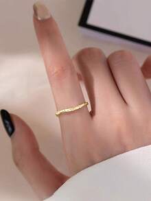 1 pieza Anillo abierto minimalista asimétrico con textura de plata de ley 925, joya ajustable como regalo para mujeres - Dorado - Ver 7