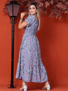 Women's Long Midi  Dress With Puffed Princess Sleeves, Elasticated Elastic, Floral Print - 灰色的花 - 查看 2
