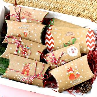 12pcs Christmas Pillow Boxes With Ropes, Candy Packaging Boxes, Christmas Party Gift Packaging Advent Calendar Gift Packaging Box Christmas Matching Supply