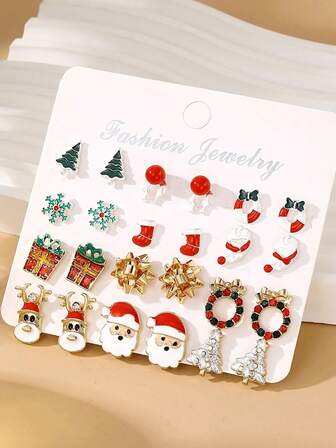 12 Paia di Eleganti e Carini Orecchini Natalizi, Gioielli da Donna per Uso Quotidiano, Regalo per Amici e Famiglia, Decorazioni a Forma di Albero, Fiocco di Neve, Calza, Cervo e Babbo Natale