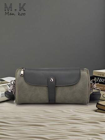 男士新款个性疯马皮单肩包圆柱包复古法棍包青年时尚休闲斜挎包防水实用撞色街头小包送朋友的圣诞礼物