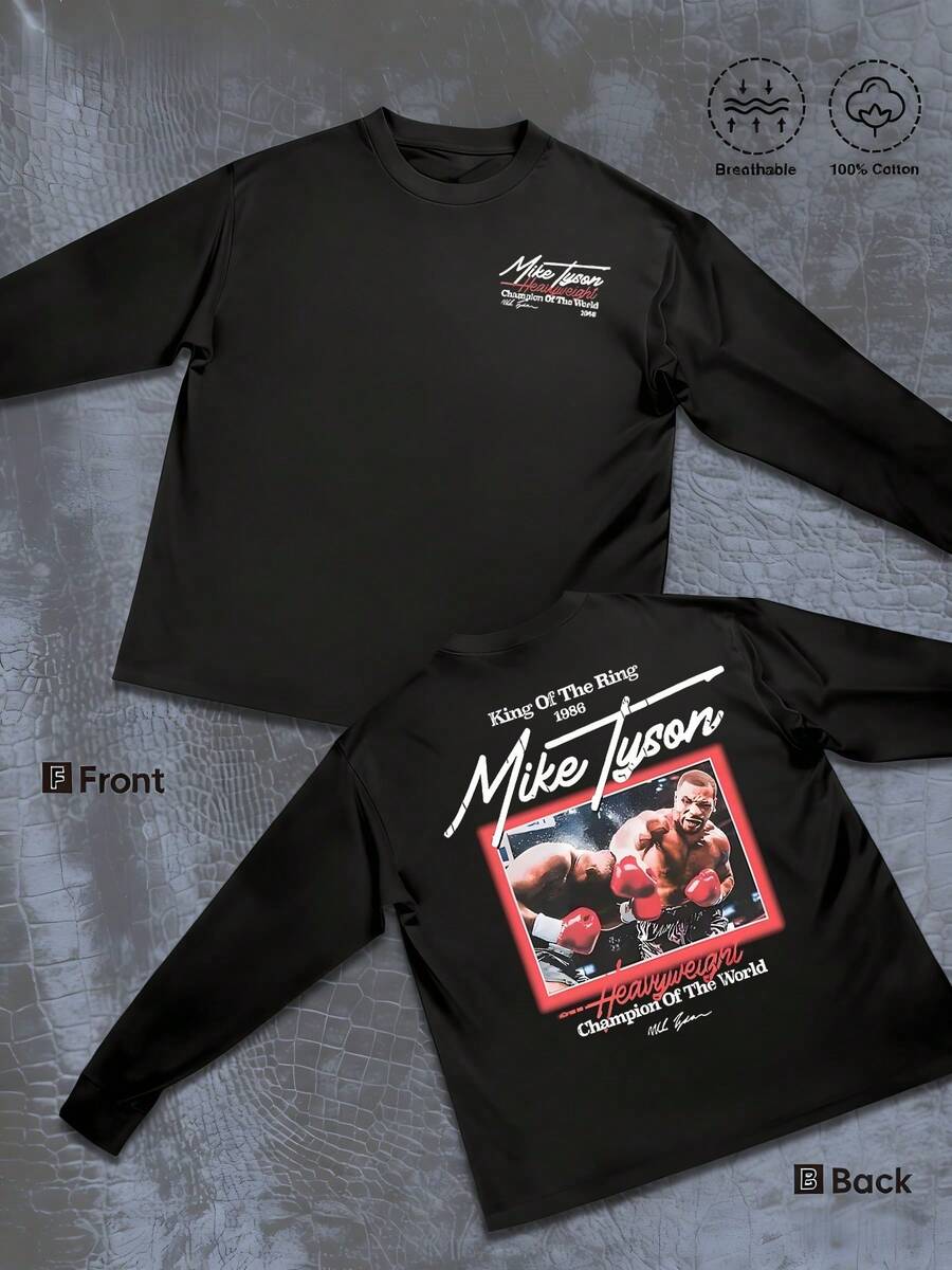 King Of The Ring 1986 Mike Tyson Heavyweight Champion Of The World Graphic On This Long Sleeve 1pcs Tee Shows Boxing Legend Sports For Fan 100% Cotton Classic Round Neck. - 黑色 - 查看 1