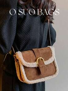 1pc Mini Fuzzy Deer Faux Fur Shoulder Bag, Cute Fluffy Magnetic Flap Small Square Bag For Winter - Coffee Brown - View 9