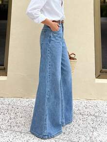 女式休闲优雅阔腿牛仔裤，长款水洗，带口袋和纽扣细节，中等弹力，波西米亚风格裤子