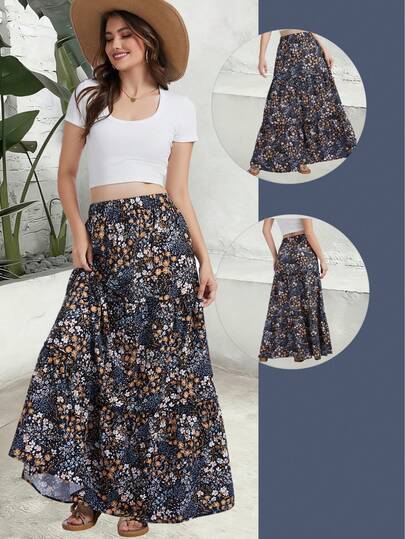 Patchwork Floral Print Shiny Pleated Casual Skirt, Vacation & Beach