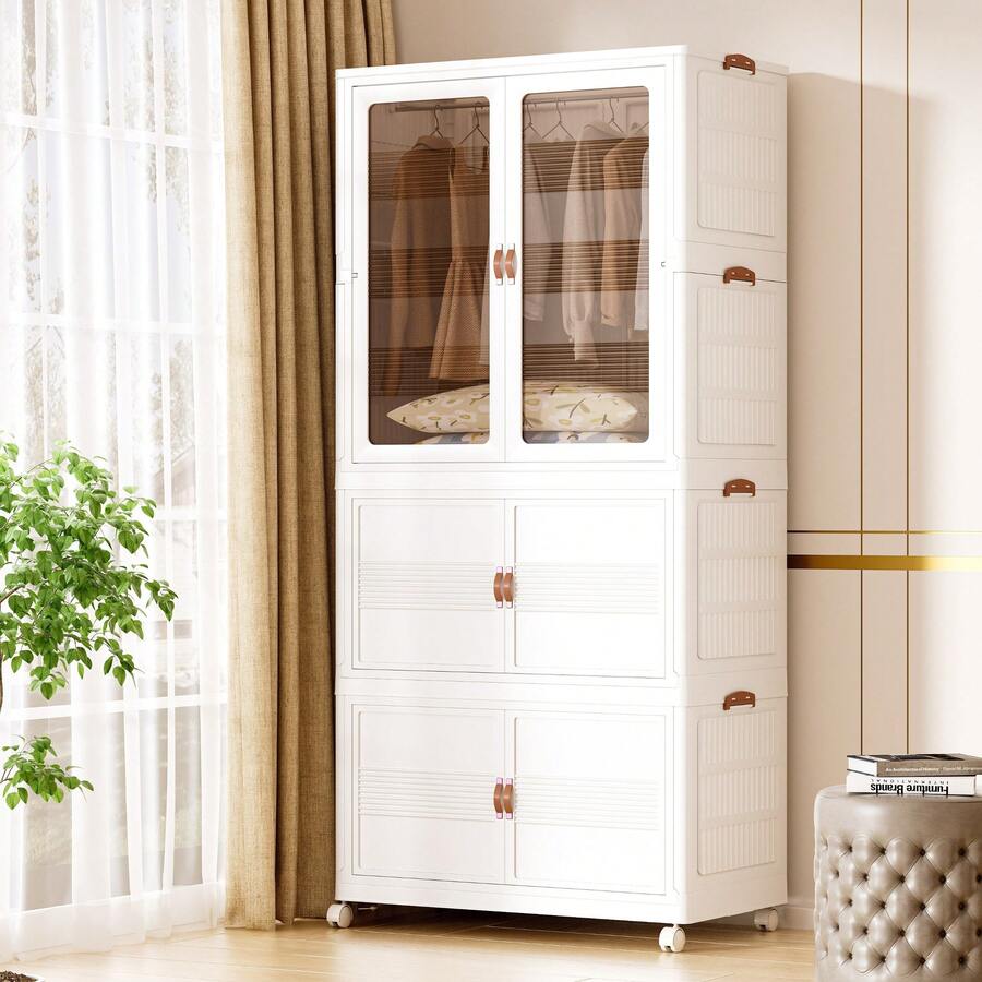 Multi-Functional Folding Storage Cabinet, Clothing Storage Box, Portable Wardrobe, Foldable Cabinet With Wheels And Double Doors, Suitable For Living Room, Bedroom, Walk-In Closet, And Apartments, No-Assembly Storage Rack, Organizes Clothes And Toys, Plastic Folding Storage Cabinet, Comes With 10 Hangers - 白色 - 查看 1