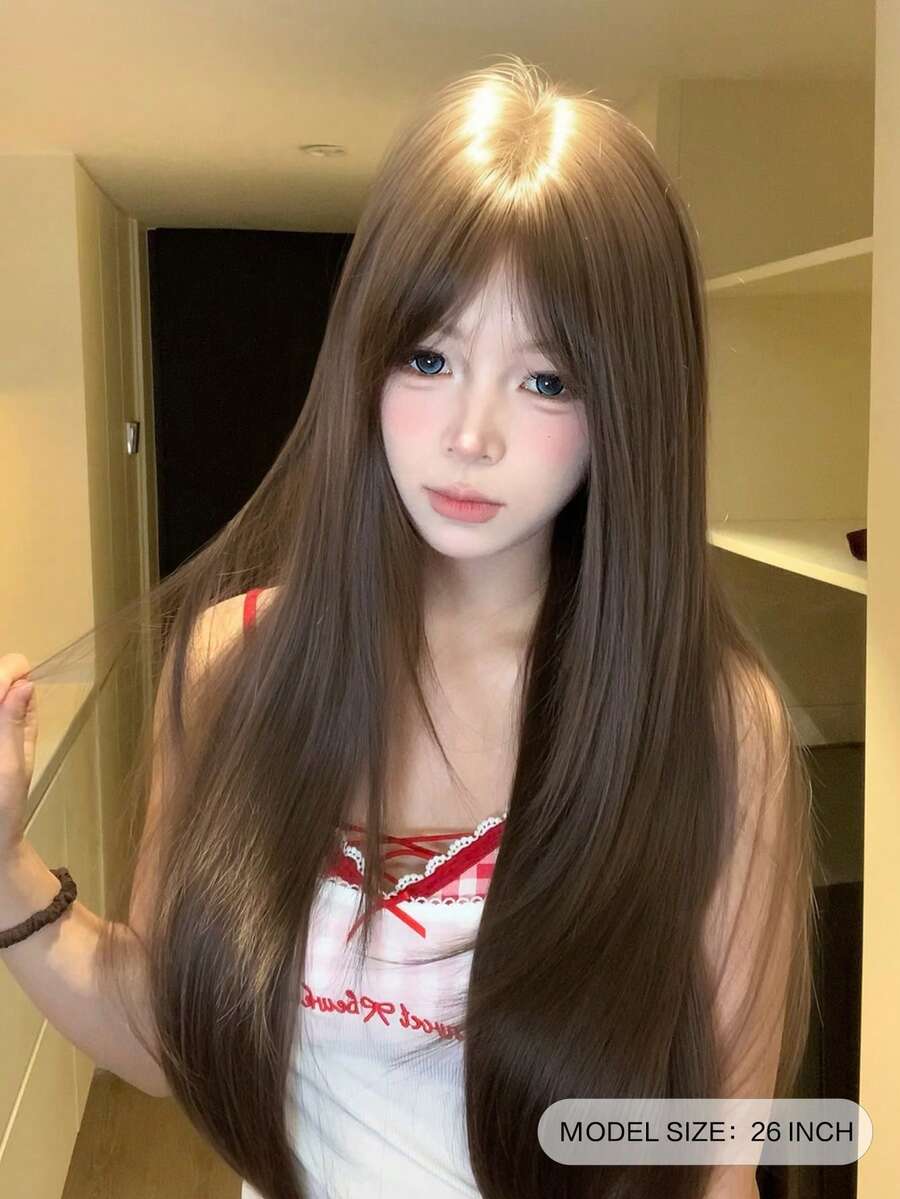 alicegarden 26 Inch Long Synthetic Straight Hair Wig, Natural Brown Middle Part Design, This Wig Is Perfect For Daily Wear, Presents A Natural And Realistic Appearance, Ideal Gift For Women - Brown - View 1