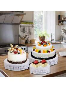 3 Pieces White/Golden Cake Stand Set, 8/10/12 Inch Round Metal Dessert Display Stand Decorative Cake Holder Cupcake Pastry Candy Display Plate For Wedding, Party, Birthday, Event - 白色 - 查看 6