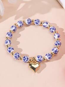 1pc Heart Pendant Ceramic Bead Bracelet, Women/Couples Everyday/Holiday Accessory