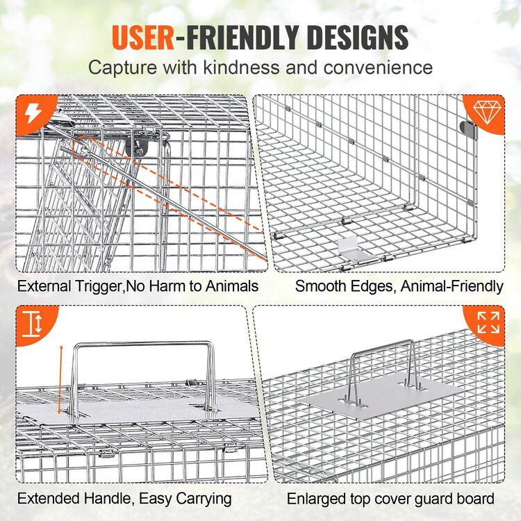 Live Animal Cage Trap, 42" X 16" X 18" Humane Cat Trap Galvanized Iron, Folding Animal Trap With Handle For Stray Dogs, Armadillos, Raccoons, Marmots, Foxes - Silver - View 3