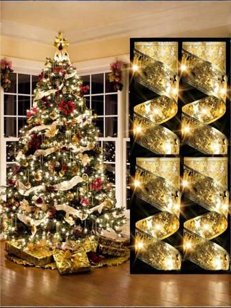 1 PIEZA Guirnalda navideña, árbol de Navidad con luces de cinta dorada, guirnalda de cinta de árbol de Navidad, decoración de árbol de Navidad, funciona con pilas (sin pilas), lámpara de hadas de cinta navideña, corona de cinta navideña, lazo de cinta navideña, cadena de luces decorativa, decoración del hogar, adecuada para árbol de Navidad, decoración de escaleras, decoración de fiesta interior, envío sin pilas, decoraciones navideñas, decoración de invierno, regalos navideños, decoración navideña para el hogar