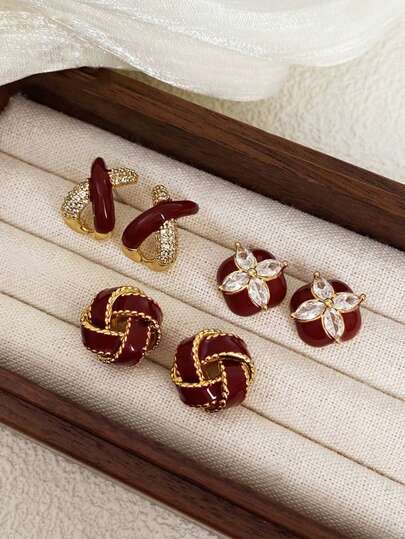 3pcs/Set Minimalist Vintage Glazed Twist Criss-Cross Fish Tail Stud Earrings, Elegant Design Earring Set, Suitable For Women's Daily And Holiday Wear