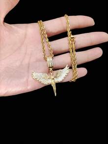 1pc Cubic Zirconia Angel Shaped Pendant & 1pc Stainless Steel Twisted Chain Necklace, Unisex Hip Hop Punk Pendant Necklace, Fashionable Vintage Jewelry, Suitable For Daily Wear Or Parties, Gift For Valentine - Yellow Gold - View 6