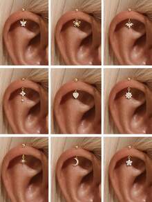 1pc 925 Sterling Silver Flat Back Studs Gold Cartilage Earring Flower Heart CZ Stud Earrings Flat Back Cartilage Conch Helix Piercing Jewelry For Women - Gold - View 12