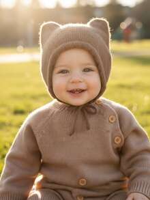 1pc Baby/Toddler Girls' Coffee Color Warm Knit Hat, Infant Winter Earflap Hat, Minimalist Design, Autumn/Winter