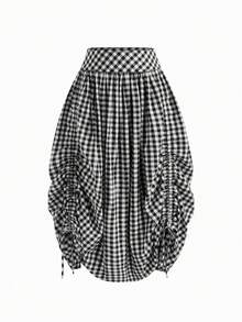 Versatile High Waist Plaid Drawstring Ruffle Hem Long Skirt