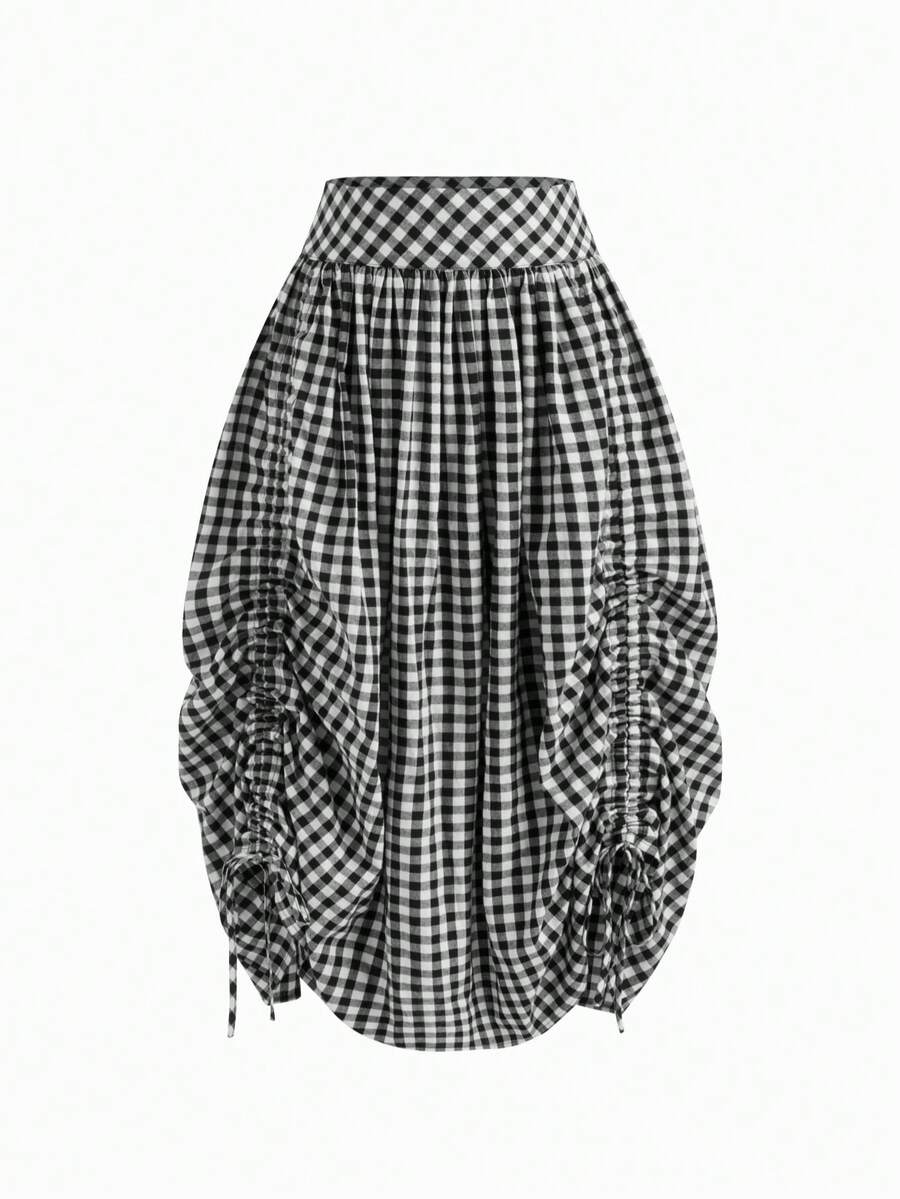 Versatile High Waist Plaid Drawstring Ruffle Hem Long Skirt