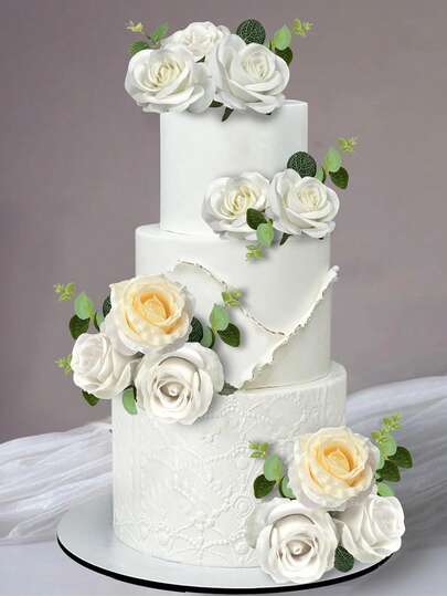 5 件/10 件人造玫瑰花头、假桉树叶、仿金钱树叶、DIY 装饰花卉配件、蛋糕装饰、花环、头饰、婚礼、圣诞节、情人节、生日、求婚、迎婴派对