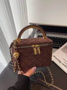 新款秋冬时尚咖啡色经典小丑纯色方形盒包，绗缝方形包，手提包，拉链单肩包，金属扣装饰单肩包，适合旅行、购物、聚会和约会。 - 咖啡 - 查看 6