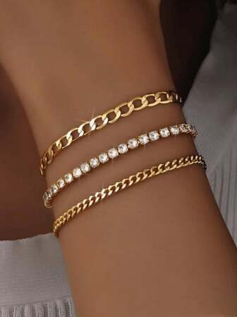 3 件不锈钢链手链套装，时尚简约 NK 链、链、网球链、多层手链，轻巧奢华小众风格百搭配饰，适合女孩和女士