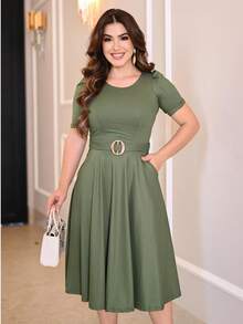 Midi Dress With Waist Detail With Ring Elegant Executive Evangelical Fashion Party Worship Wedding Work Casual Mesh Fabric - Xanh rêu - Xem 7