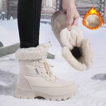 女士雪地靴，新款米色冬靴，加厚保暖户外徒步靴，防滑防寒冬鞋，PU皮防水靴，女士短筒靴，靴子，前系带毛绒女靴，高帮中筒靴 - 米色 - 查看 1