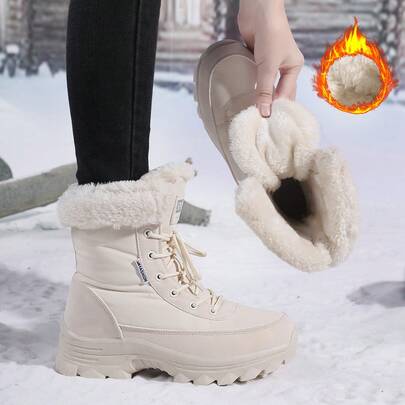 女士雪地靴，新款米色冬靴，加厚保暖户外徒步靴，防滑防寒冬鞋，PU皮防水靴，女士短筒靴，靴子，前系带毛绒女靴，高帮中筒靴