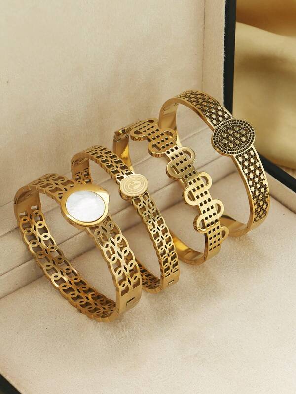 4 Styles Vintage Gold Honeycomb Hollow Bangle Bracelets For Women, Asymmetrical Geometric Stainless Steel Stackable Jewelry, Suitable For Daily Wear And Parties