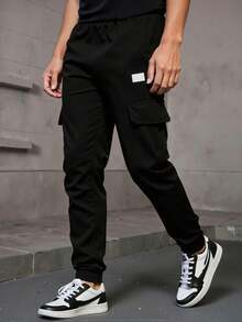 1件装 青少年男童嘻哈街头户外百搭简约多口袋抽绳裤，秋冬季 - 黑色 - 查看 3