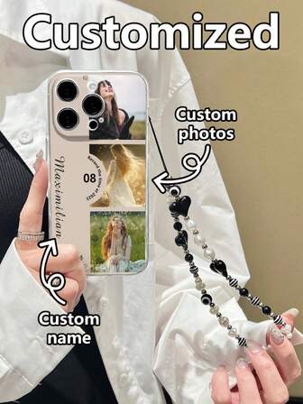Customizable Photo + Name Perforated Transparent Colorful Thick Anti-Drop Painted Phone Case Protective Cover With Decorative Beaded Bracelet, Compatible With IPhone 17pro/17Air /17/17promax16/11/16pro/16plus/16promax/16e/15Promax/13/14/12/XS/XR/7G/8P, Compatible With Samsung Galaxy, Redmi