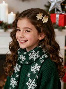 2 Peças Presilhas de Cabelo em Formato de Árvore de Natal para Meninas, Laço Cintilante com Sino, Presente de Natal Alegre, Presilhas Fofas e Doces, Grampos de Cabelo de Veludo Verde, Acessórios de Cabelo para Adolescentes - Castanho - Visão 2