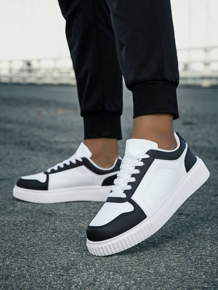 Giày thường ngày Unisex, Cỡ 36-45, Giày thể thao đế mềm buộc dây, đế phẳng, thoải mái cho nam, Giày thường ngày cổ thấp nhẹ, Giày trượt mũi tròn buộc dây phối màu, Giày thể thao thường ngày cho nam - Đen và trắng - Xem 3