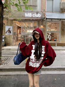 Oversized Loose Hoodie With Letter Print, Long Sleeve