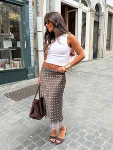 Women Satin Lace Trim Midi Skirt Polka Dot Print High Waist Long A-Line Skirts Vintage Silk Going Out Dress Y2k Streetwear Party Clubwear - Màu Khaki - Xem 1