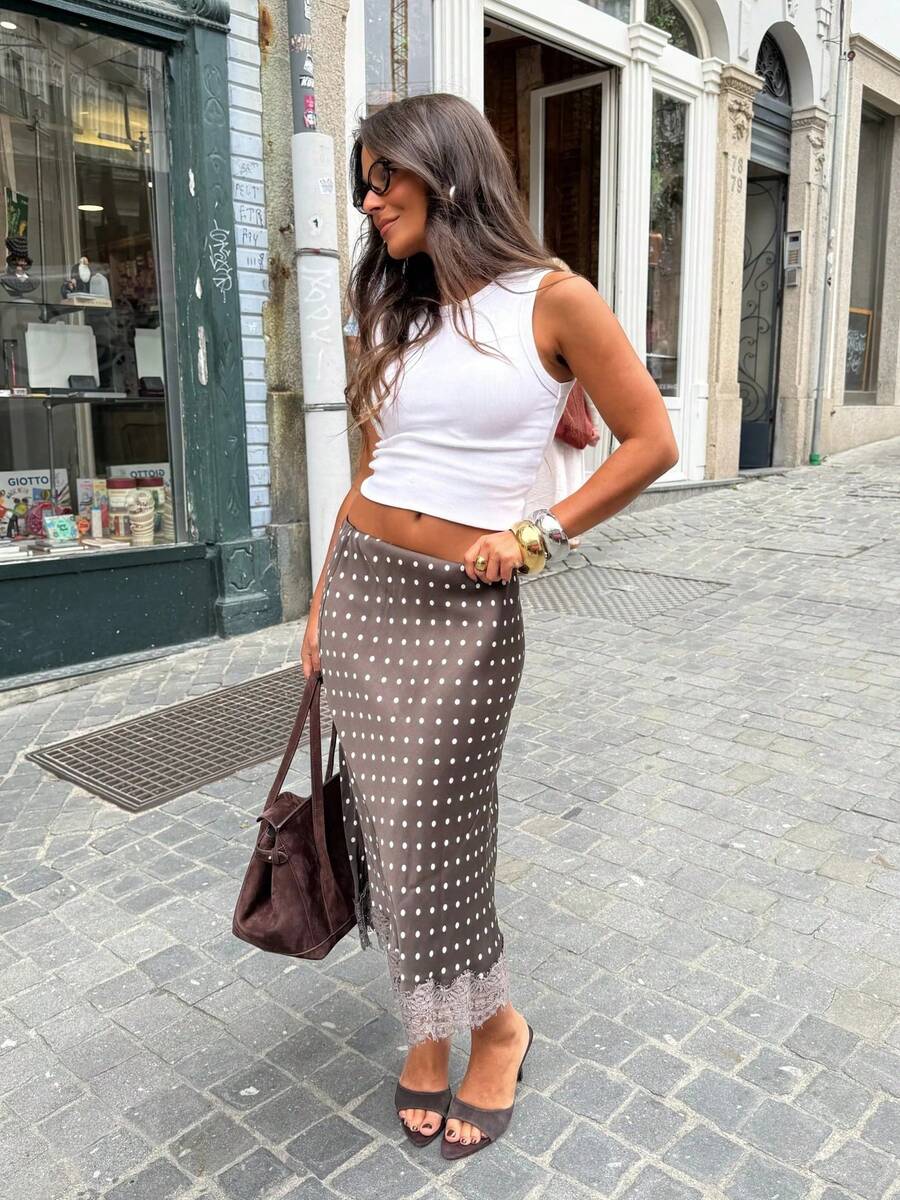 Women Satin Lace Trim Midi Skirt Polka Dot Print High Waist Long A-Line Skirts Vintage Silk Going Out Dress Y2k Streetwear Party Clubwear - Màu Khaki - Xem 1