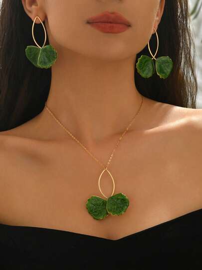 2 Stücke modischer Ginkgo Blatt Anhänger Halskette & Ohrringe Set für Frauen, Vintage Stil Schmuckset für Party, Alltag, Geschenk