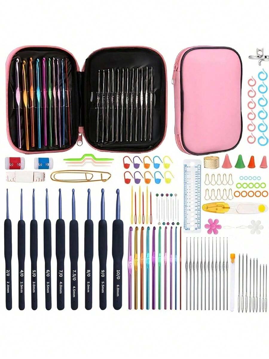 Crochet Hook Set, Includes Ergonomic Metal Hooks, Stitch Markers, Storage Bag, Multicolor, Suitable For All Seasons DIY Knitting Crafting Tools, Great For Beginners - Multicolor - View 1