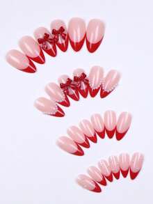 ARTAUG 24pcs Red Almond Shaped False Nails, Decorated With 3D Bow Knot And Pearl, Instantly Elevate Your Look, Designed For Fashionable Women And Girls, Perfect For Daily Wear, Parties, Valentine's Day And More. Removable And Reusable, Comes With Jelly Glue And 1 Cuticle Pusher. Red Nails Nail Supplies - Red - View 4