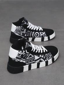 Pantofi sport sport casual confortabili pentru bărbați, cu șireturi înalte, cu model geometric, alb-negru, cu graffiti, cu litere patchwork, stil Fndy Personalities