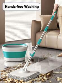 Flat Floor Mop And Bucket Set, Foldable Spin Mop For Floor Cleaning & Square-Head Collapsible Bucket, Bathroom Cleaning Mop, Spin Mop With Adjustable Handle - Wet And Dry Use, Ideal For Hardwood, Tile, And Marble Floors, Household Essentials, Blue, Green - 綠色 - 查看 3