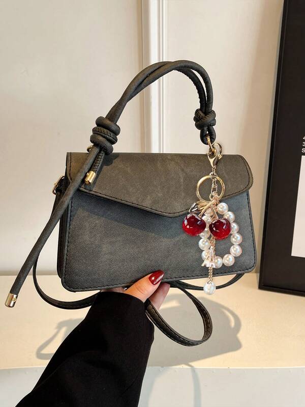 Women's Fashion Vintage PU Leather Shoulder Crossbody Bag, Women's Handbag, Tote Bag Clutch Handbag Vintage Square Wallet Shoulder Bag With Cherry Pearl Pendant, Adjustable Shoulder Strap Small Square Bag, Suitable For Travel, Shopping, Work, Daily Use