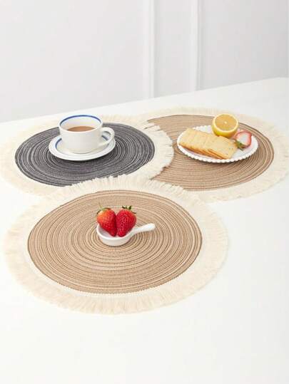 2pcs/4pcs/6pcs 15-Inch Round Woven Tassel Placemats, Washable Non-Slip Heat-Resistant Tabletop Mats, Suitable For Home Decor, Spring, Outdoor, Holiday Party, Christmas