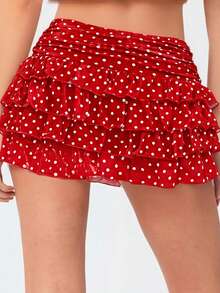 Women's Summer Mini Skirt Casual Stylish Dot Print Layered Ruffled Mid Rise Short Skirt - Red - View 7